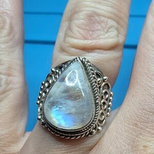 Sterling Silver Moonstone Teardrop Ring - Iridescent White With hughes Of Blue